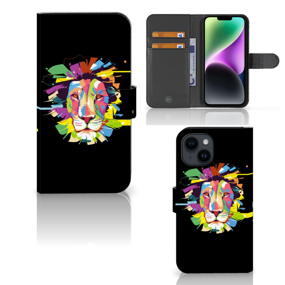 iPhone 15 Leuk Hoesje Lion Color met kleurrijk leeuwendesign en vakjes voor pasjes.
