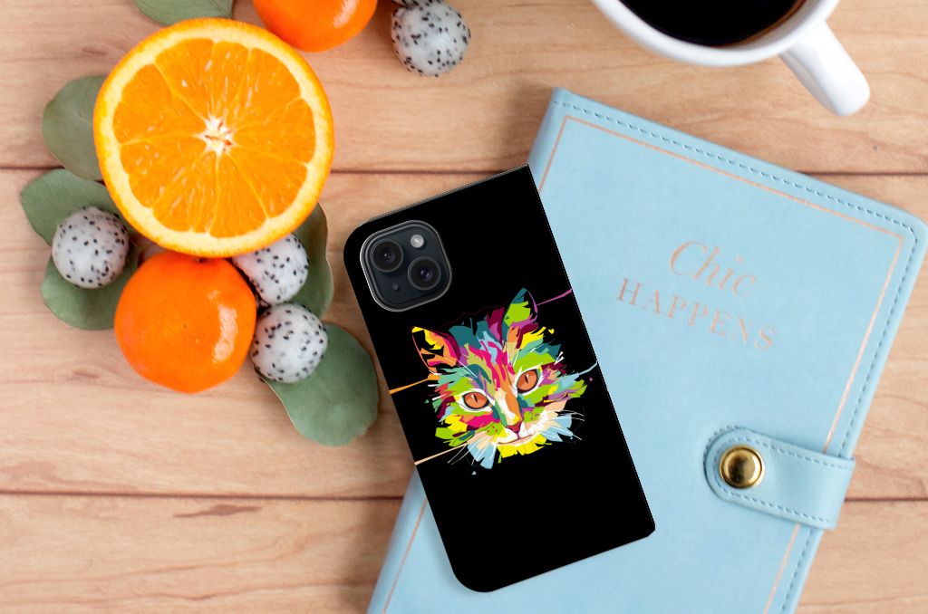 iPhone 15 Magnet Case Cat Color met kleurrijk kattenontwerp, perfect voor stijl en functionaliteit.
