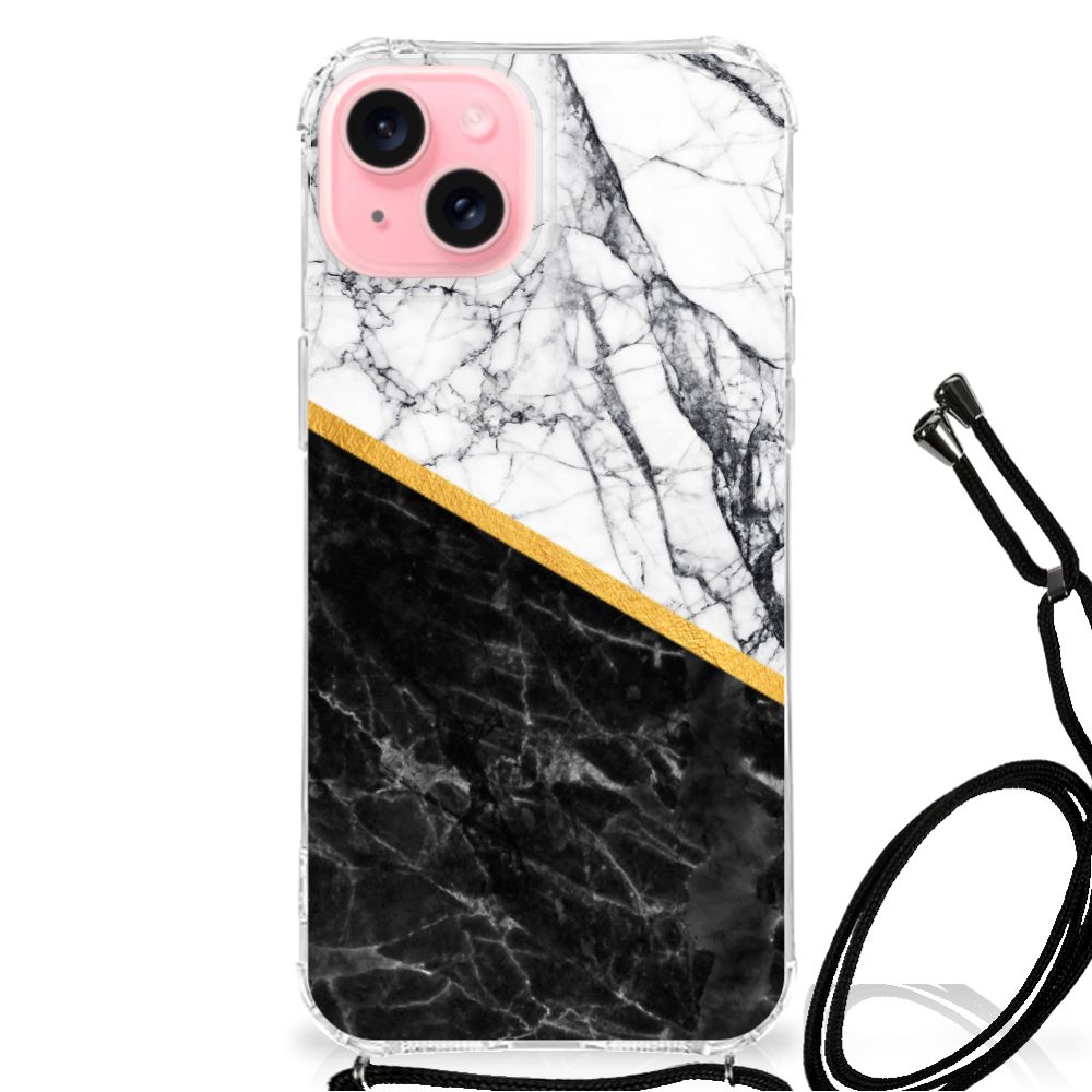 iPhone 15 Plus Anti-Shock Hoesje Marmer Wit Zwart - Origineel Cadeau Man B2C Telecom