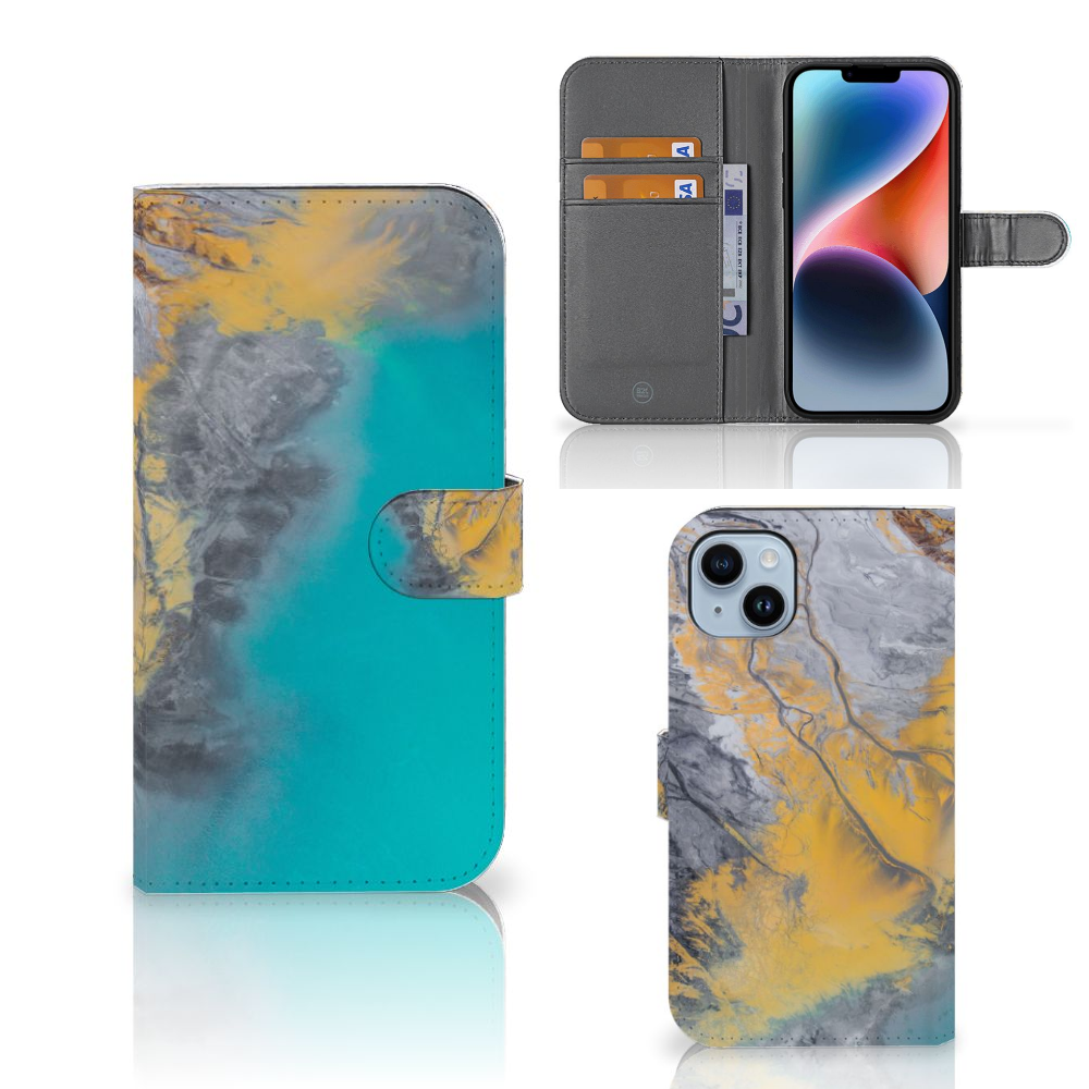 iPhone 15 Plus Bookcase Marble Blue Gold met een uniek blauw-goud marmerdesign en ruimte voor kaarten.