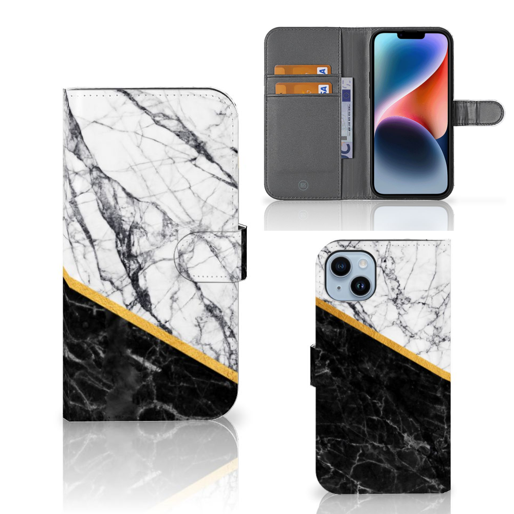 iPhone 15 Plus Bookcase Marmer Wit Zwart - Origineel Cadeau Man met luxe zwart en wit marmer design en gouden scheidingslijn.