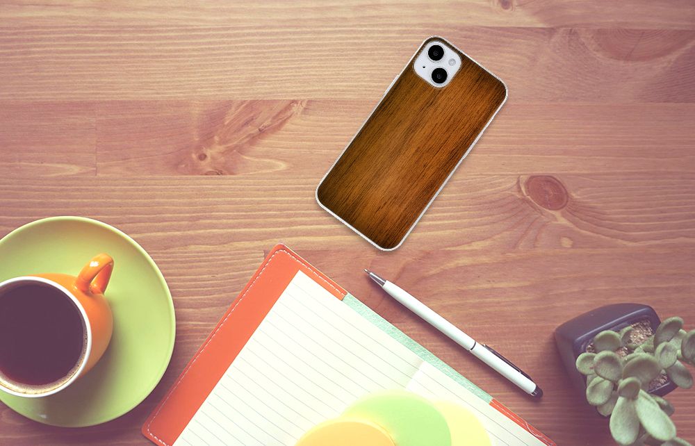 iPhone 15 Plus Bumper Hoesje Donker Hout achterkant design donker hout