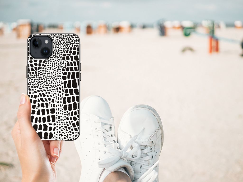 Apple iPhone 15 Plus Dierenprint Telefoonhoesje Slangenprint zwart wit design hand strand