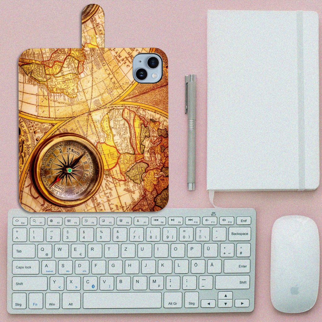 iPhone 15 Plus Flip Cover Kompas met wereldkaart en kompas ontwerp đ§