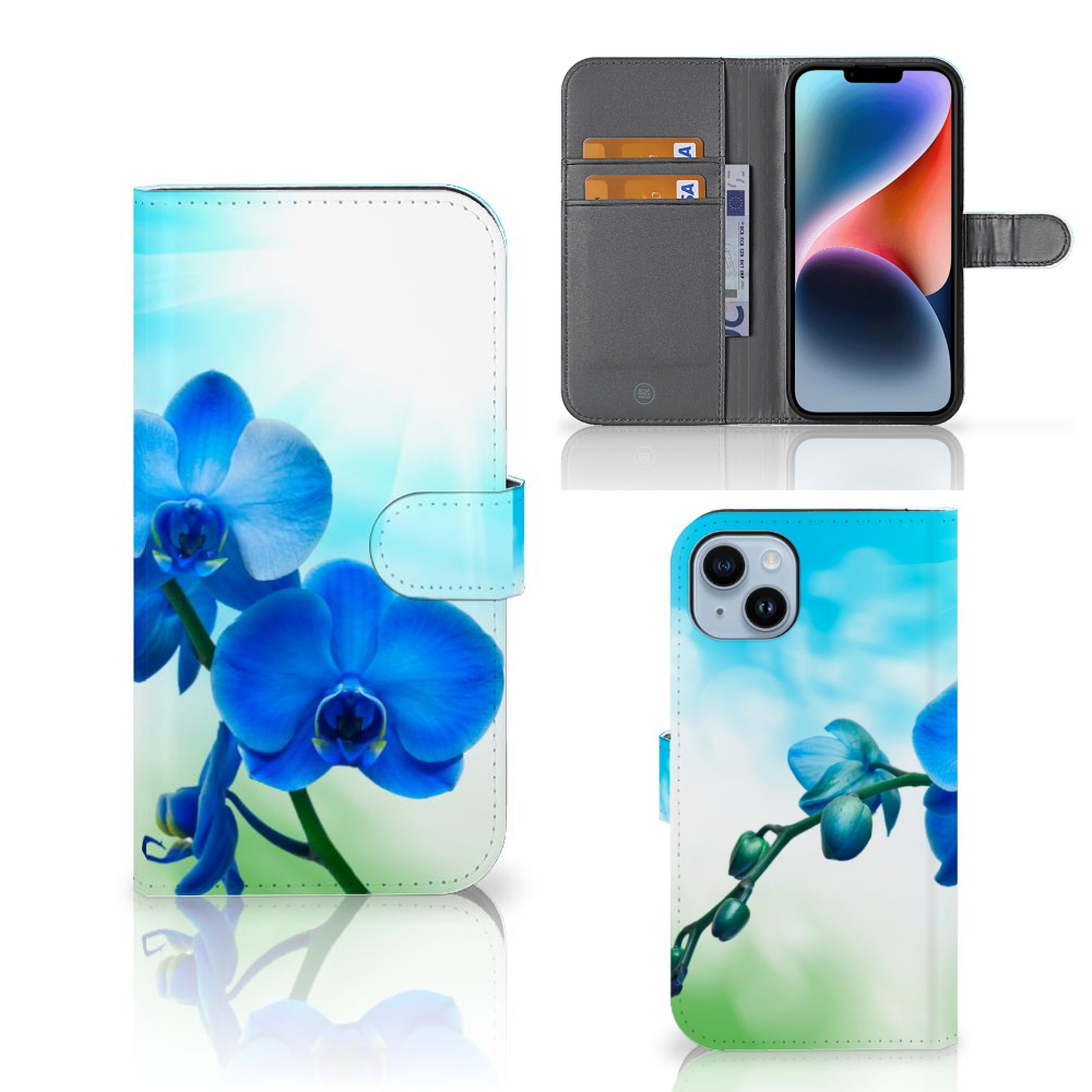 iPhone 15 Plus Hoesje Orchidee Blauw - Cadeau voor je Moeder met elegante bloemenprint.