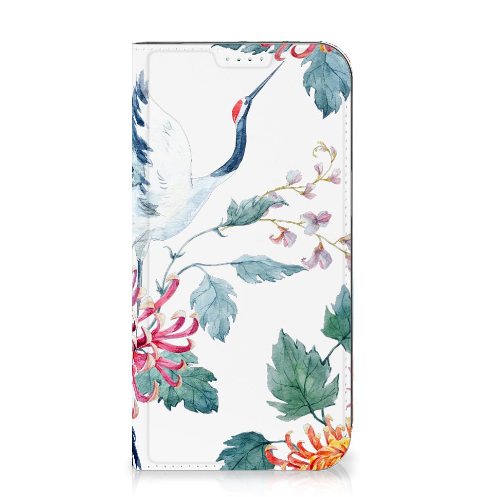 iPhone 15 Plus Hoesje maken Bird Flowers met kleurrijke ooievaar en bloemen, perfect voor natuurliefhebbers.
