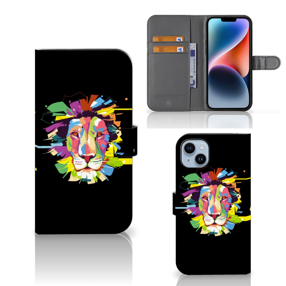 iPhone 15 Plus Leuk Hoesje Lion Color met kleurrijk lion design en pasjesvakje đĻ