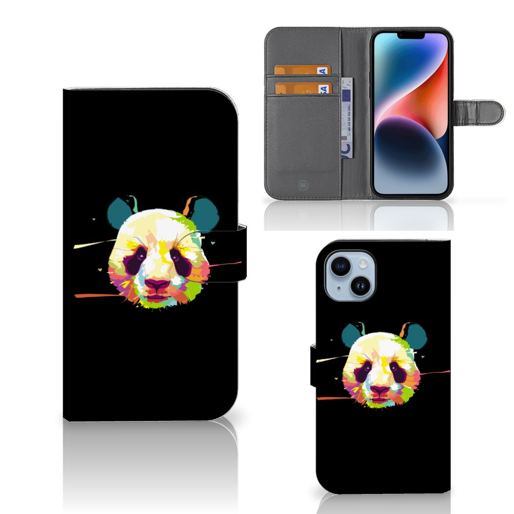 iPhone 15 Plus Leuk Hoesje Panda Color met kleurrijke panda afdruk en ruimte voor pasjes.