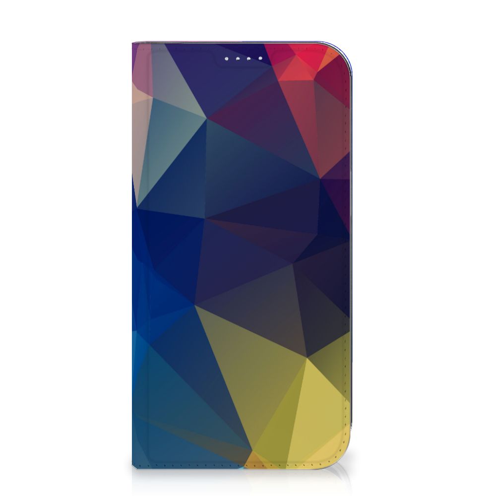 iPhone 15 Plus Stand Case Polygon Dark met abstract polygoon ontwerp en levendige kleuren.