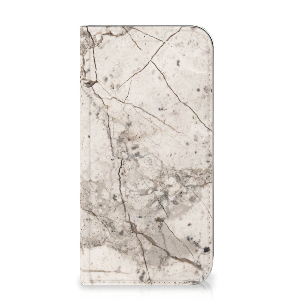 iPhone 15 Plus Standcase Marmer Beige met een elegant marmerdesign in beige en grijs.