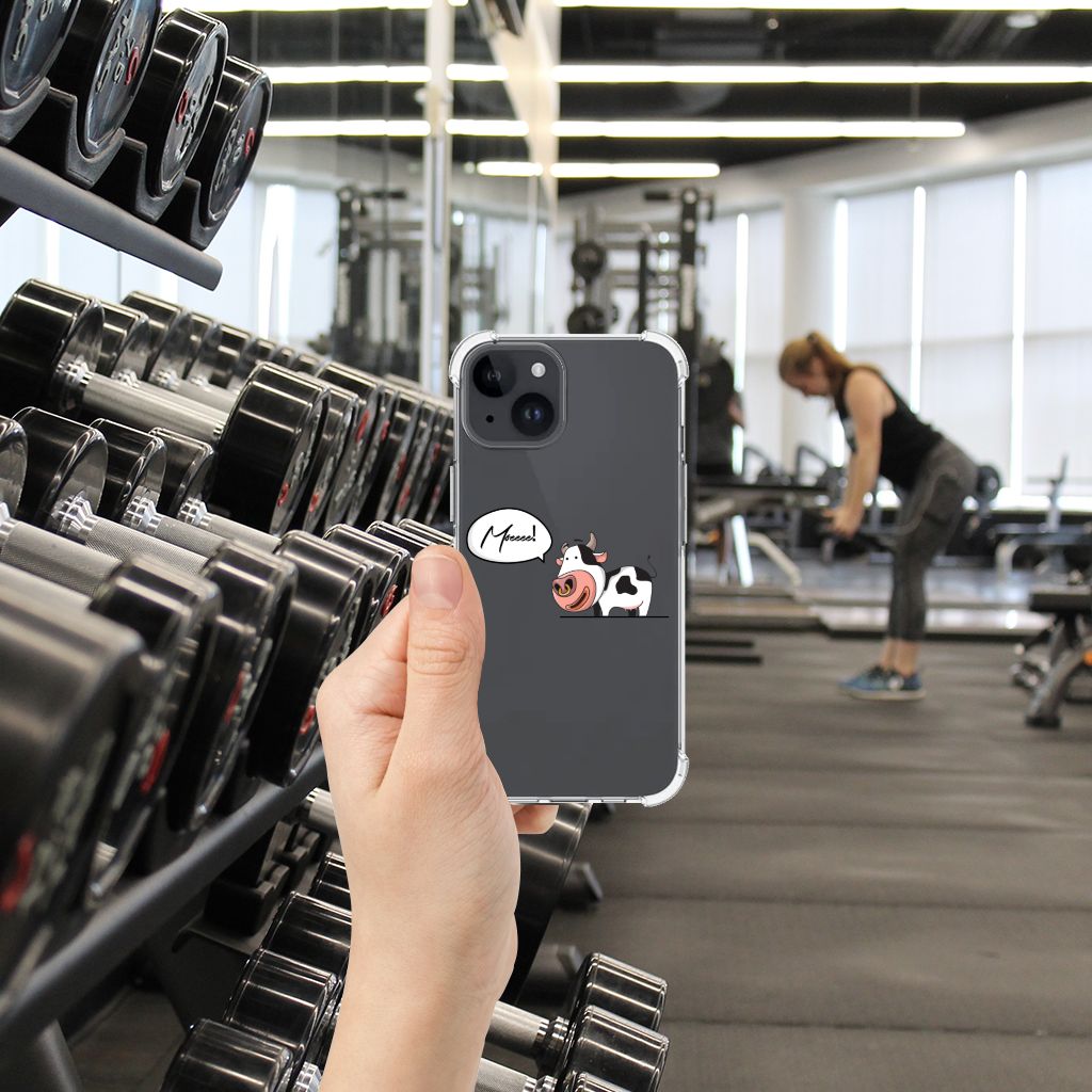 Apple iPhone 15 Plus Stevig Bumper Hoesje Cow achterkant in sportschool