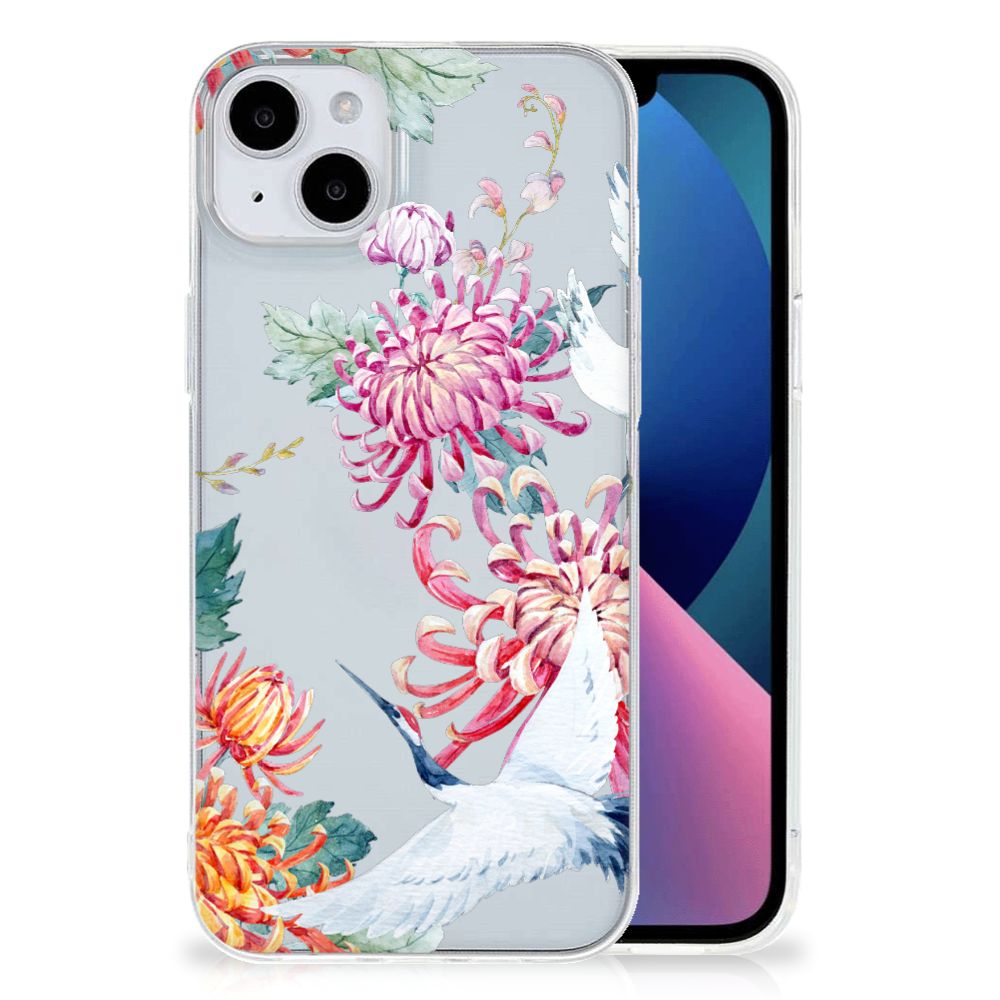 iPhone 15 Plus TPU Hoesje Bird Flowers met bloemen en ooievaars op een grijze achtergrond.