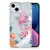 iPhone 15 Plus TPU Hoesje Bird Flowers met bloemen en ooievaars op een grijze achtergrond.