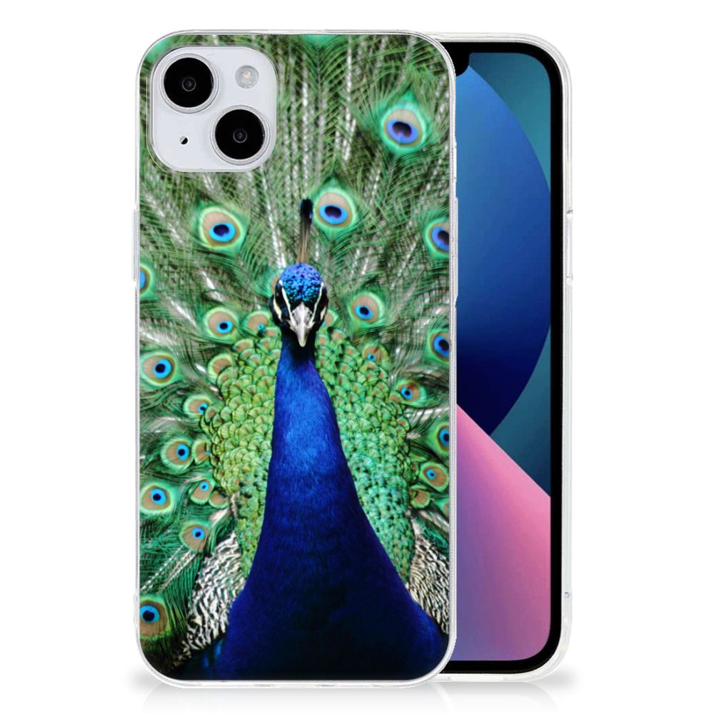 iPhone 15 Plus TPU Hoesje Pauw met een kleurrijke pauwprint die duurzaamheid en stijl biedt.