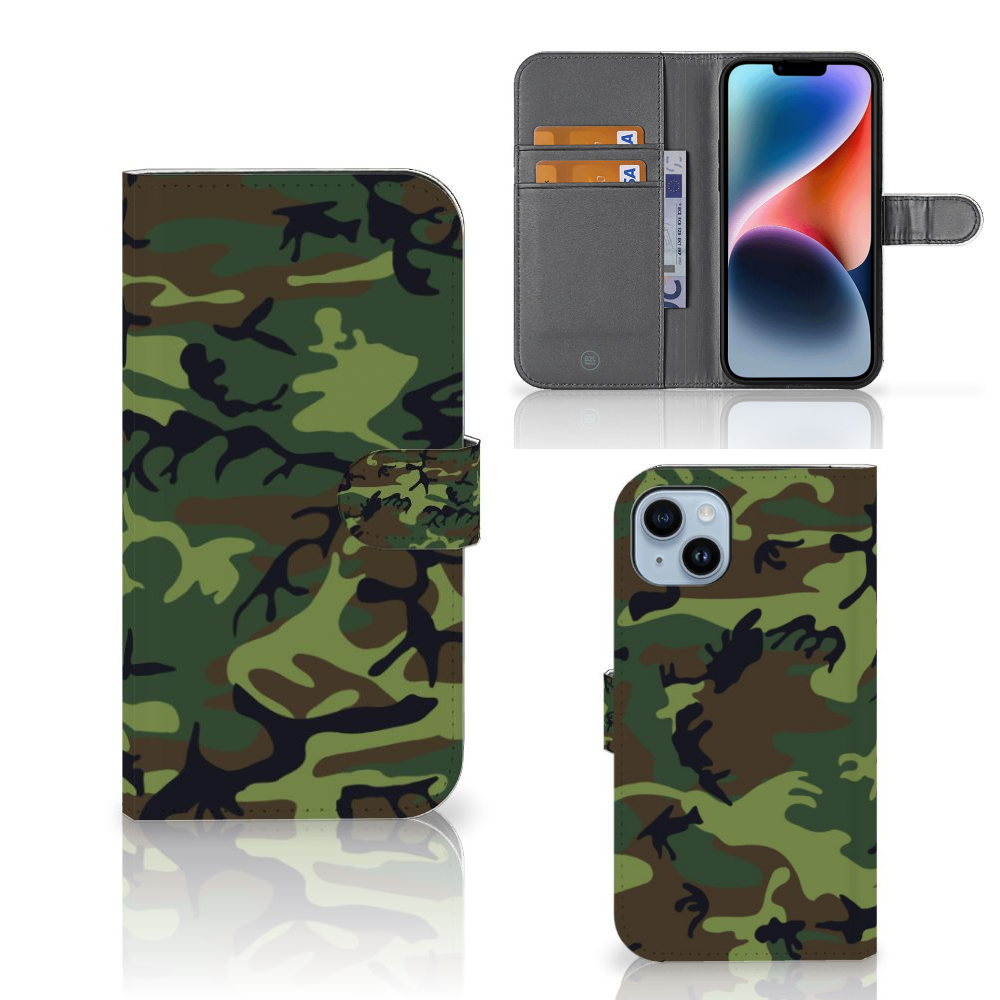 iPhone 15 Plus Telefoon Hoesje Army Dark in camouflage print met pasjeshouder 🎖️