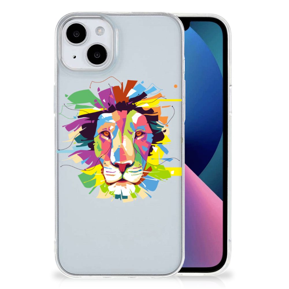 iPhone 15 Plus Telefoonhoesje met Naam Lion Color, kleurrijk leeuwendesign op flexibele hoes.