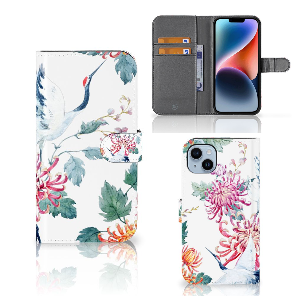 iPhone 15 Plus Telefoonhoesje met Pasjes Bird Flowers met kleurrijke ooievaar en bloemen design đ¸