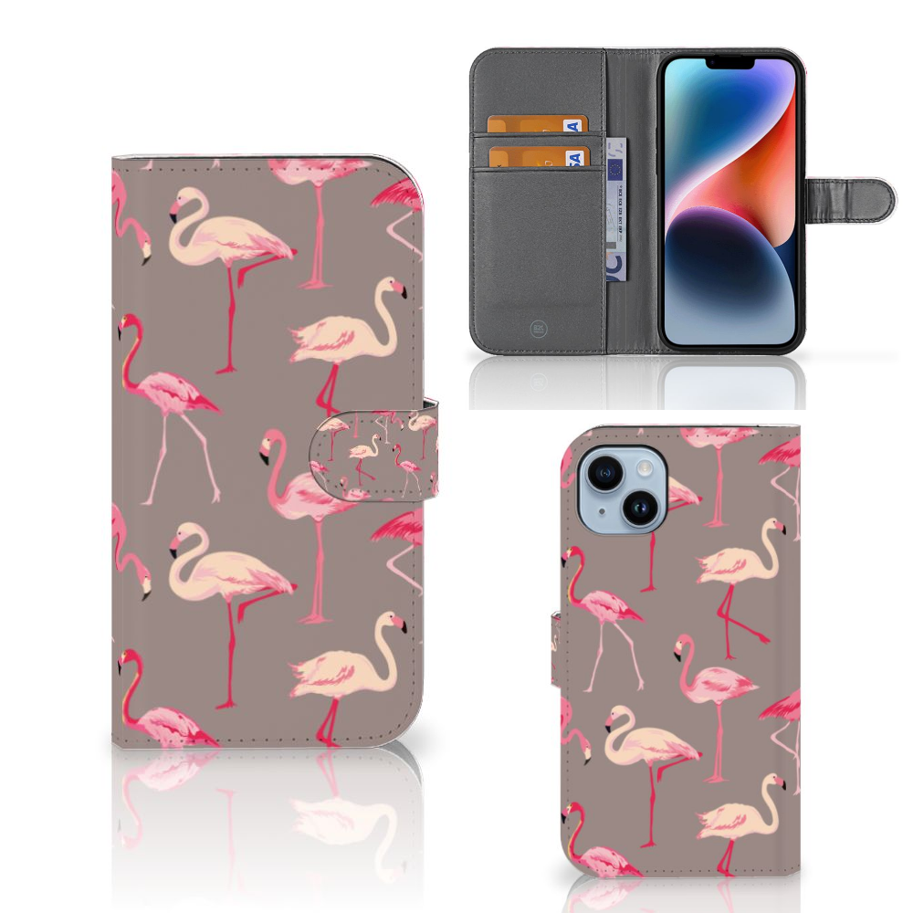 iPhone 15 Plus Telefoonhoesje met Pasjes Flamingo met roze flamingo's design en pasjeshouder.