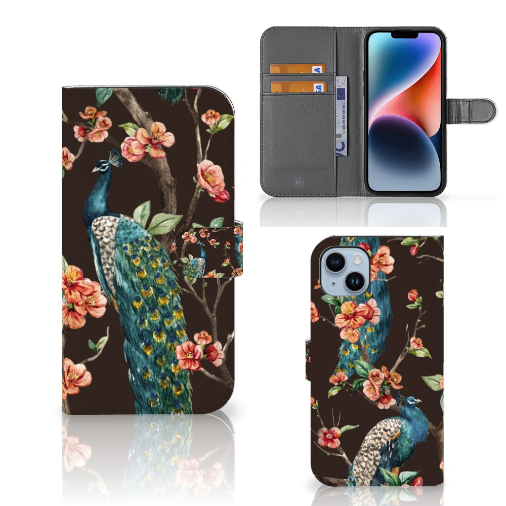 iPhone 15 Plus Telefoonhoesje met Pasjes Pauw met Bloemen, artistiek design met pauw en bloemen đ¸