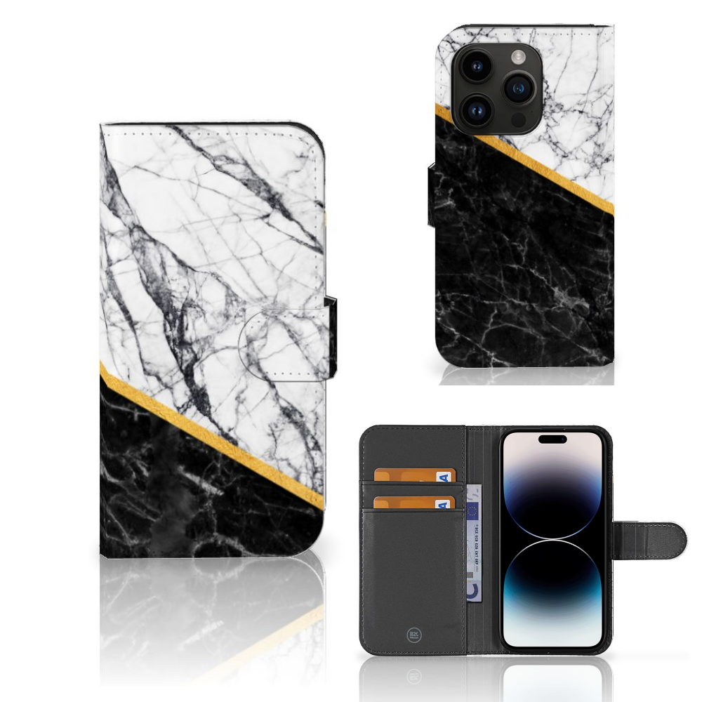 iPhone 15 Pro Bookcase Marmer Wit Zwart - Origineel Cadeau Man met luxe zwart-wit marmer design en gouden scheidingslijn.