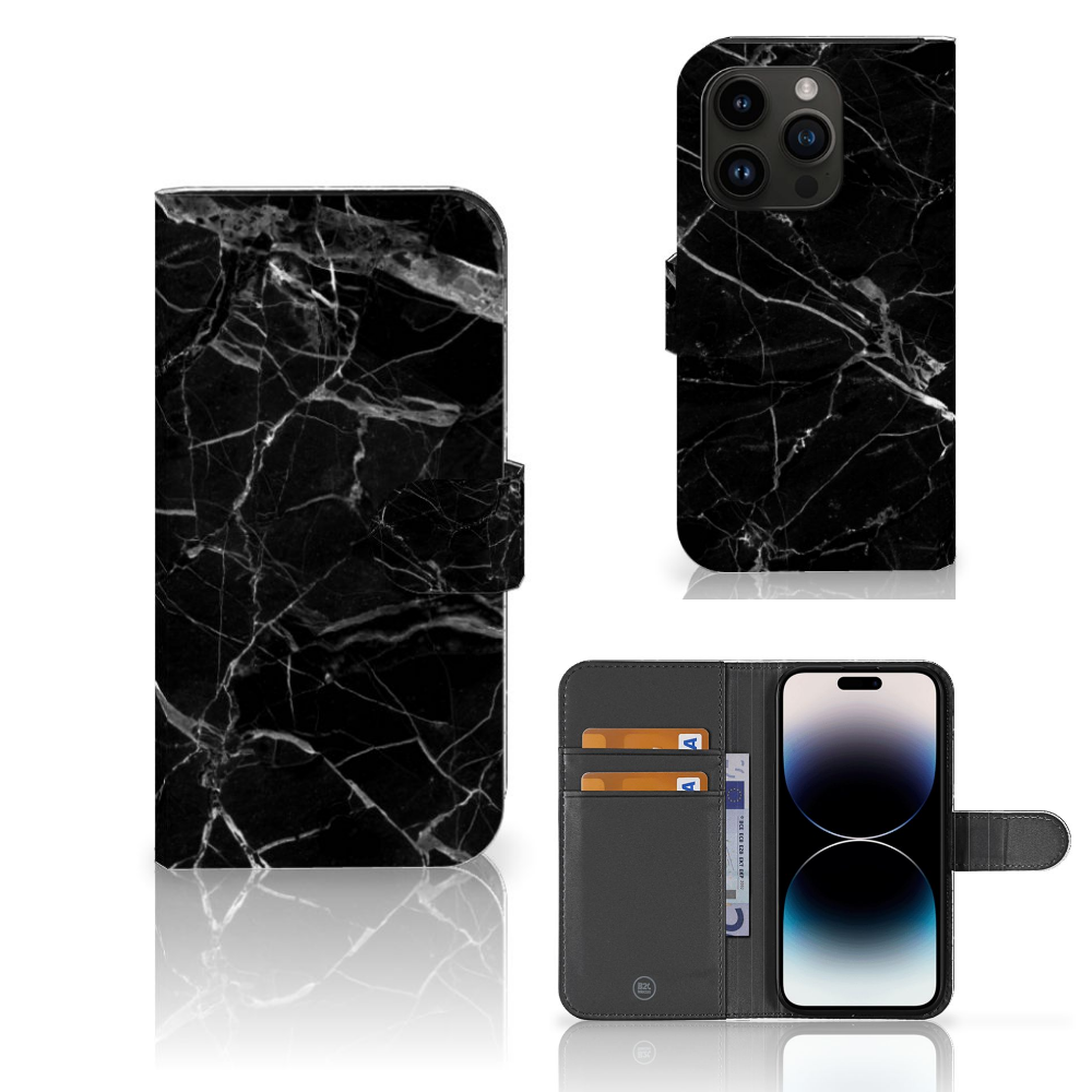 iPhone 15 Pro Bookcase Marmer Zwart design zwart marmer aanzicht