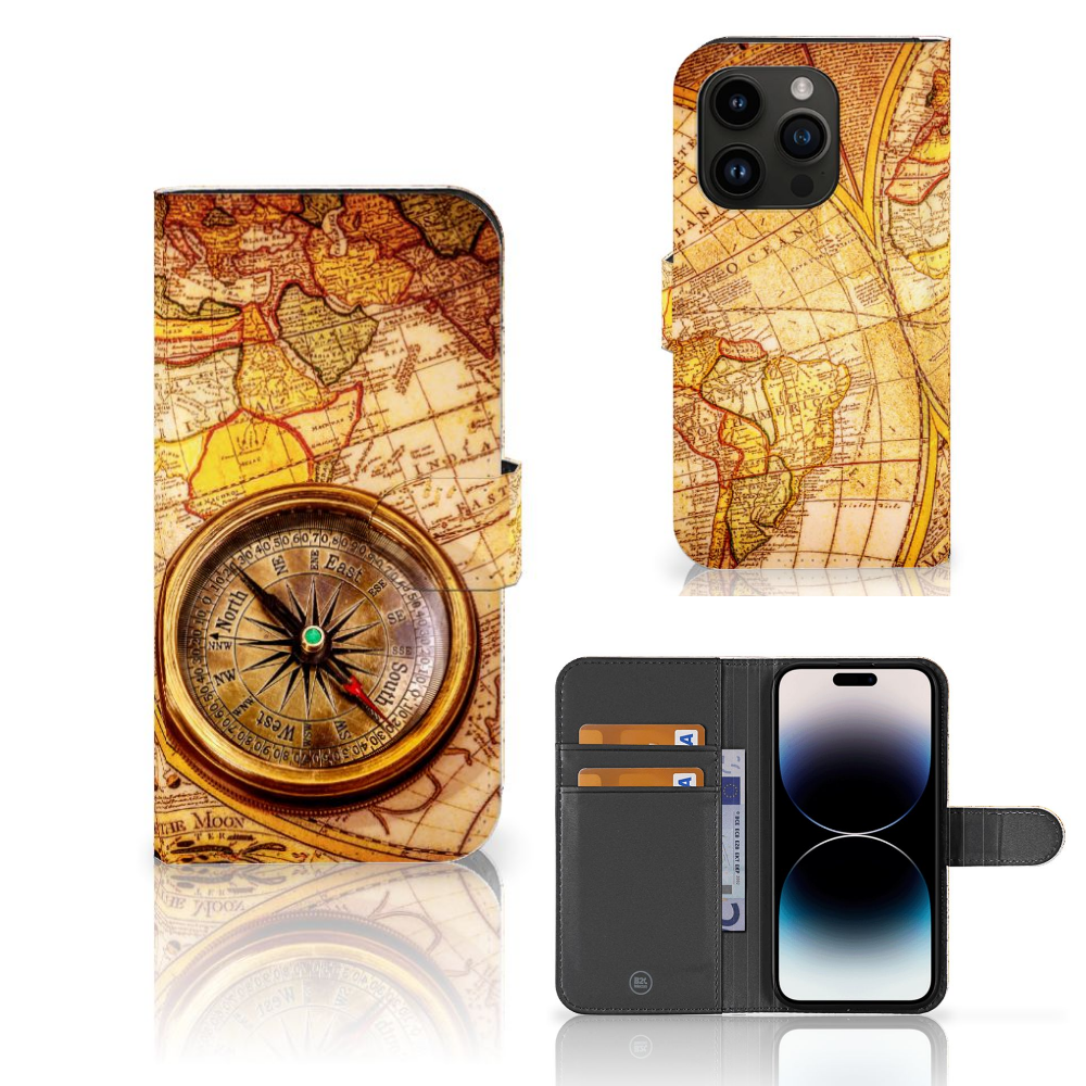 iPhone 15 Pro Flip Cover Kompas met wereldkaart en kompasdesign, perfect voor Reisliefhebbers đ.
