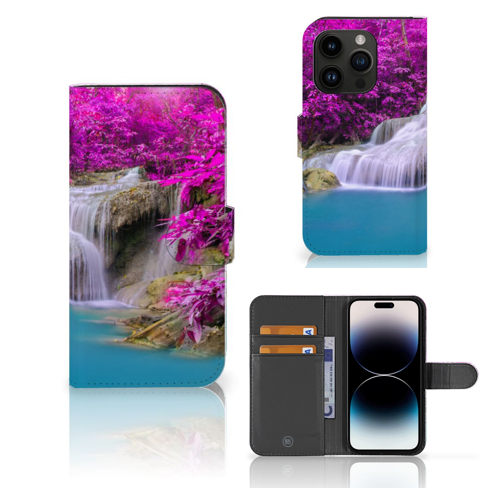 iPhone 15 Pro Flip Cover Waterval met kalme waterval en paarse bomen, prachtig en kleurrijk ontwerp đ.