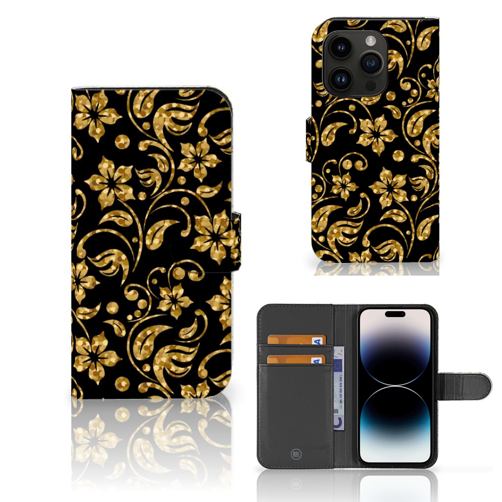 iPhone 15 Pro Hoesje Gouden Bloemen met prachtig zwart-gouden bloemen design en praktische pasjesvakjes.
