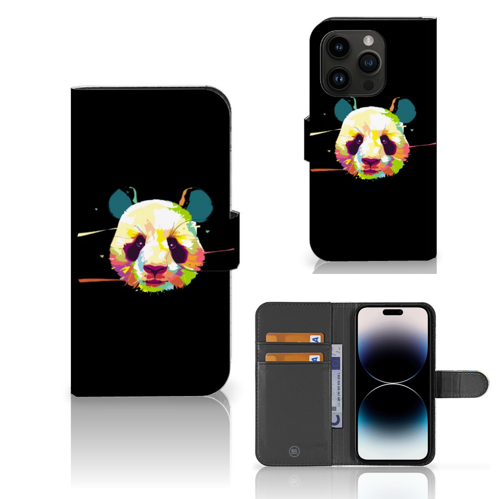 iPhone 15 Pro Leuk Hoesje Panda Color met kleurrijke panda-print en pasjeshouders.
