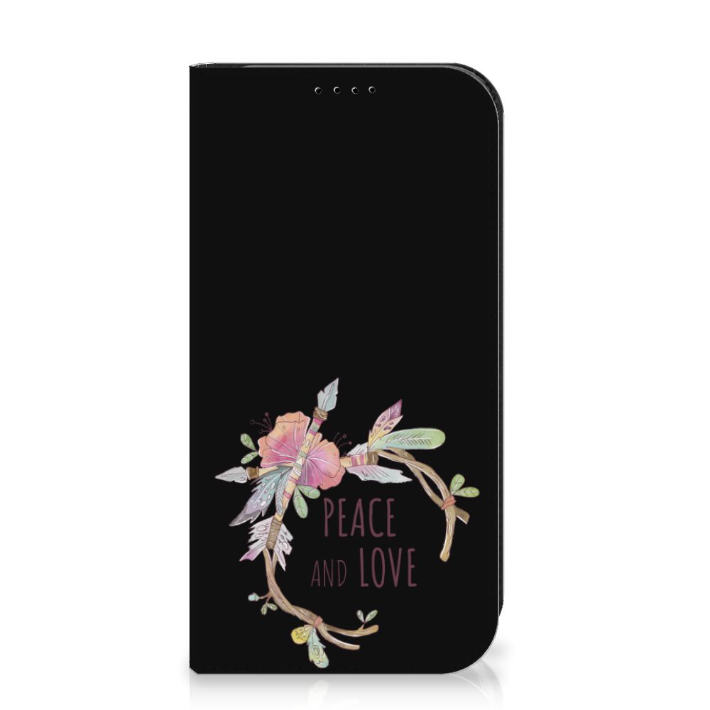 iPhone 15 Pro Magnet Case Boho Text met 'Peace and Love' design en bloemenillustraties đ¸