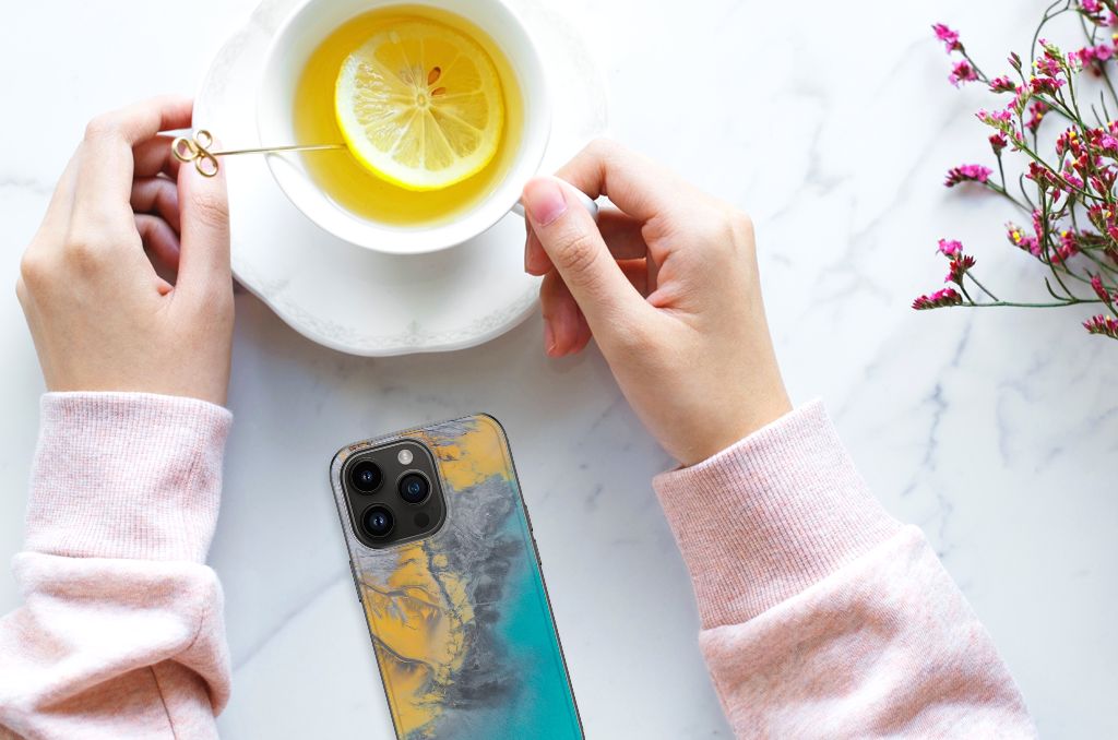 iPhone 15 Pro Marmeren Print Telefoonhoesje Marble Blue Gold B2C Telecom