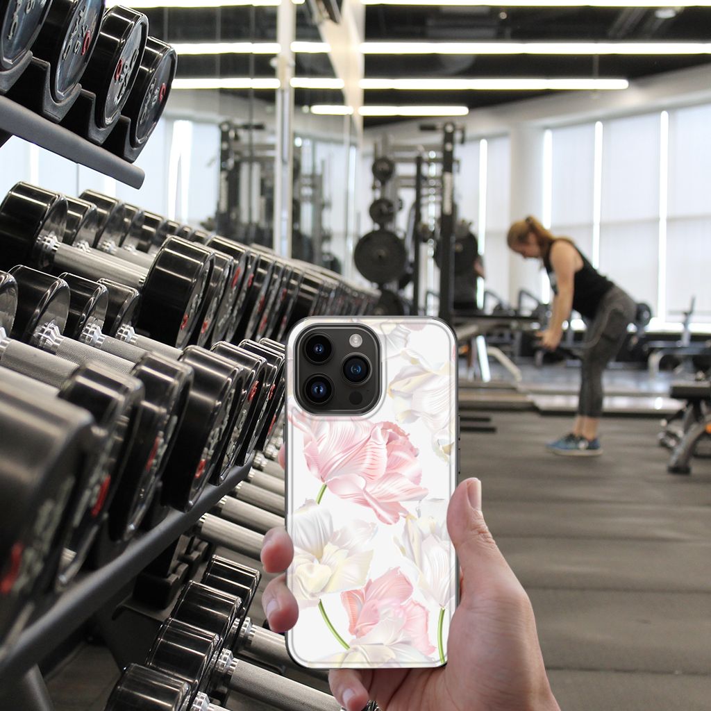 Apple iPhone 15 Pro Max Bloemen Hoesje Lovely Flowers achterkant sportschool gewichten