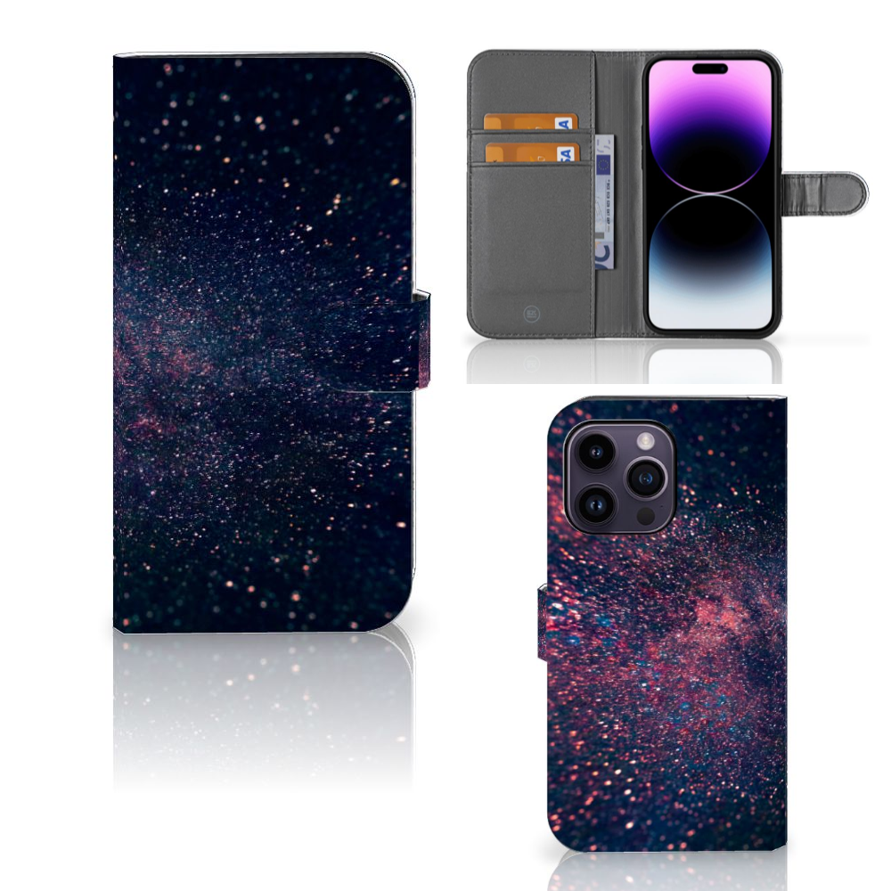 iPhone 15 Pro Max Book Case Stars in cosmic design with space for 3 cards, purple and blue glitter on black background.