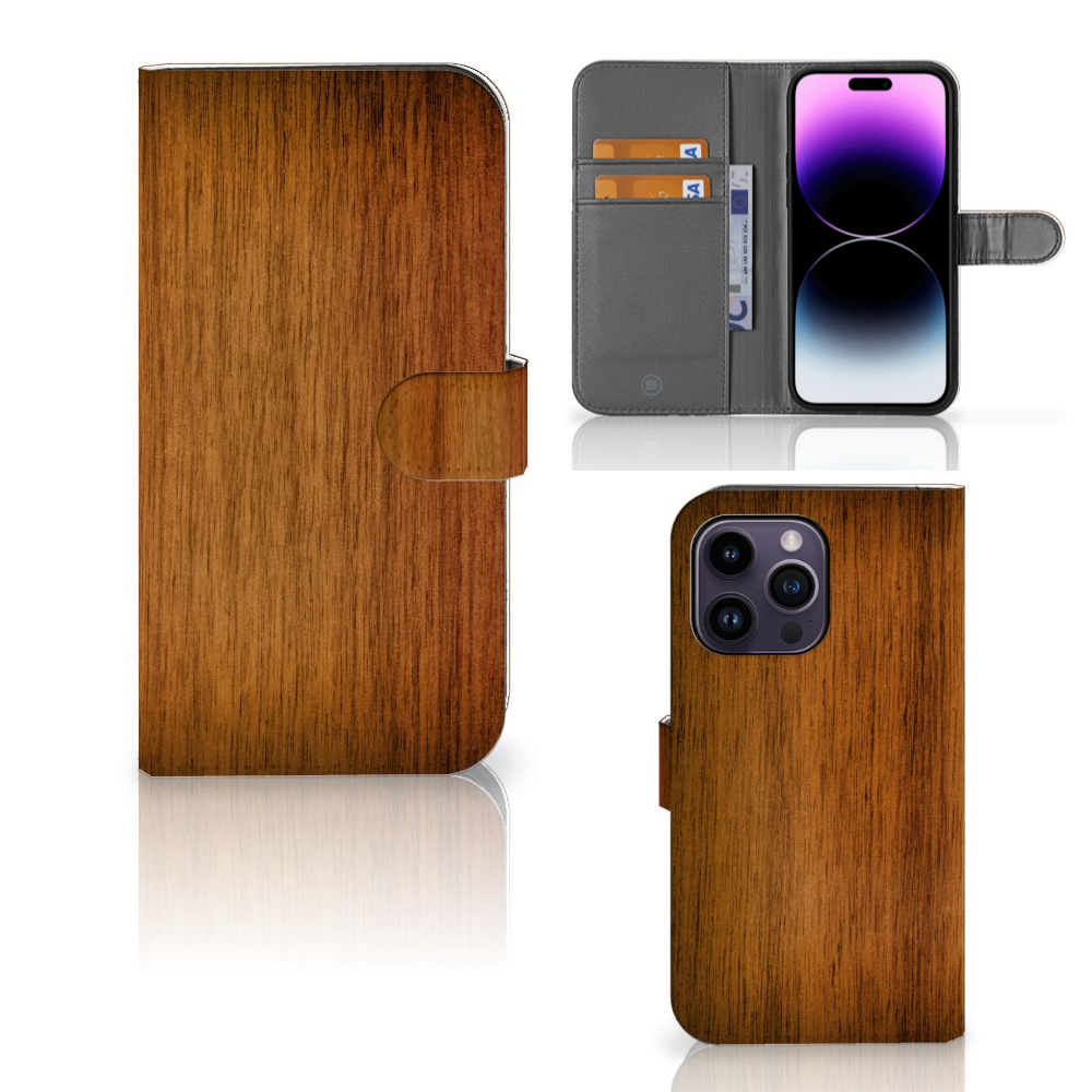 iPhone 15 Pro Max Book Style Case Donker Hout met pasjeshouder en realistische houtprint.