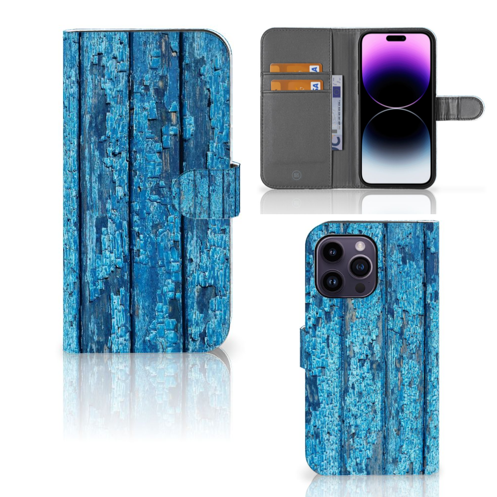 iPhone 15 Pro Max Book Style Case Wood Blue met blauw afgebladderd houtdesign en binnenvak voor kaarten 🪵