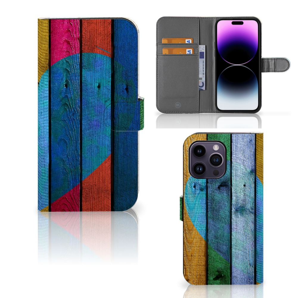 iPhone 15 Pro Max Book Style Case Wood Heart - Cadeau voor je Vriend met kleurrijk hartontwerp đ