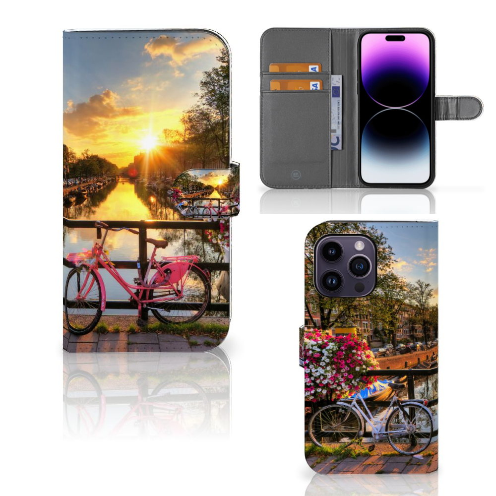 iPhone 15 Pro Max Flip Cover Amsterdamse Grachten met afbeelding van een fiets en zonnige gracht 🌷.