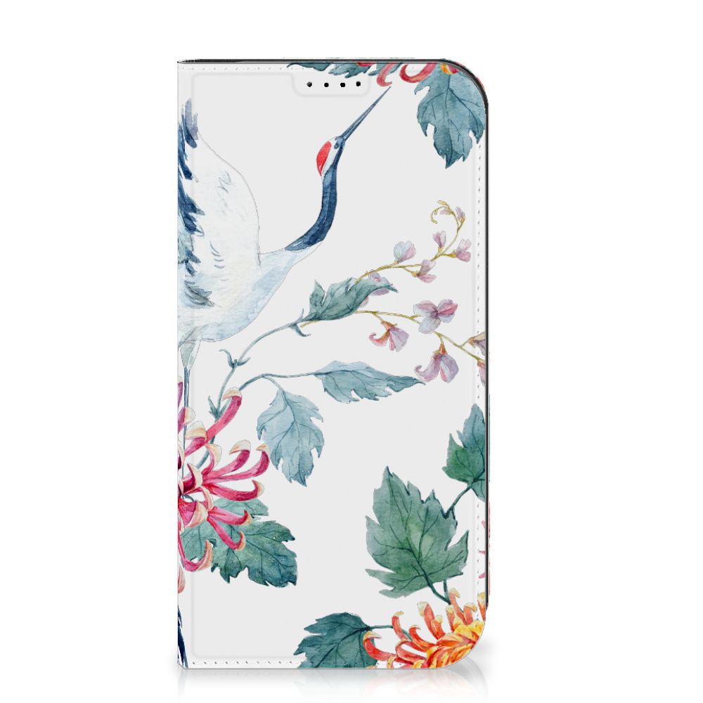 iPhone 15 Pro Max Hoesje maken Bird Flowers met ooievaar en kleurrijke bloemen op een stijlvolle achtergrond.