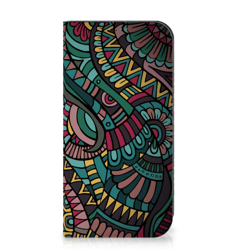 iPhone 15 Pro Max Hoesje met Magneet Aztec in retro kleuren met artistiek design, opvallend en duurzaam.