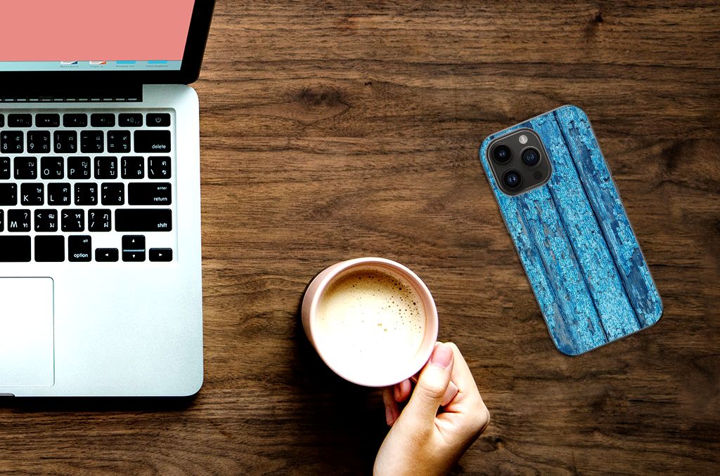 iPhone 15 Pro Max Houten Print Telefoonhoesje Wood Blue B2C Telecom