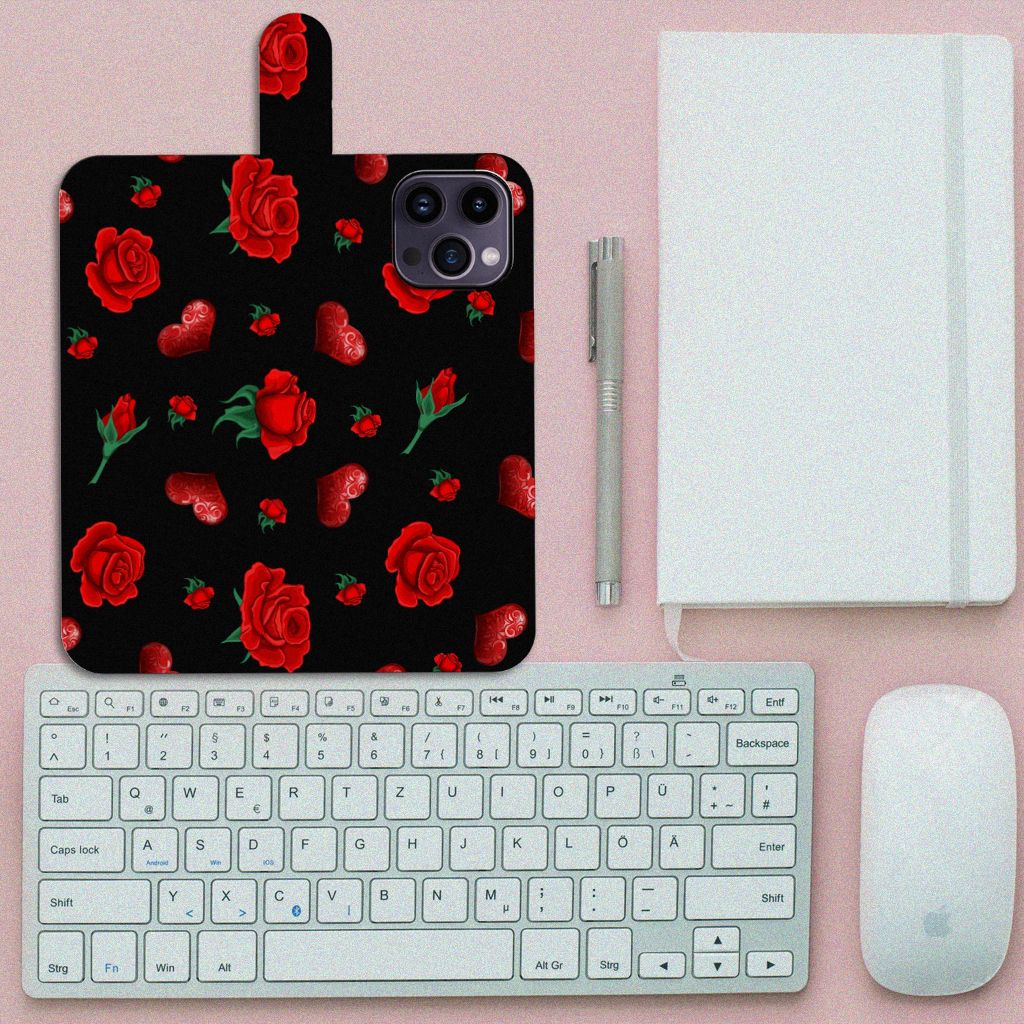iPhone 15 Pro Max Leuk Hoesje Valentine met rozen en hartjes op zwarte achtergrond ❤️
