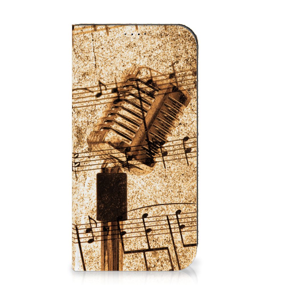 iPhone 15 Pro Max Stand Case Bladmuziek met vintage muzieknoten en microfoon design 🎤