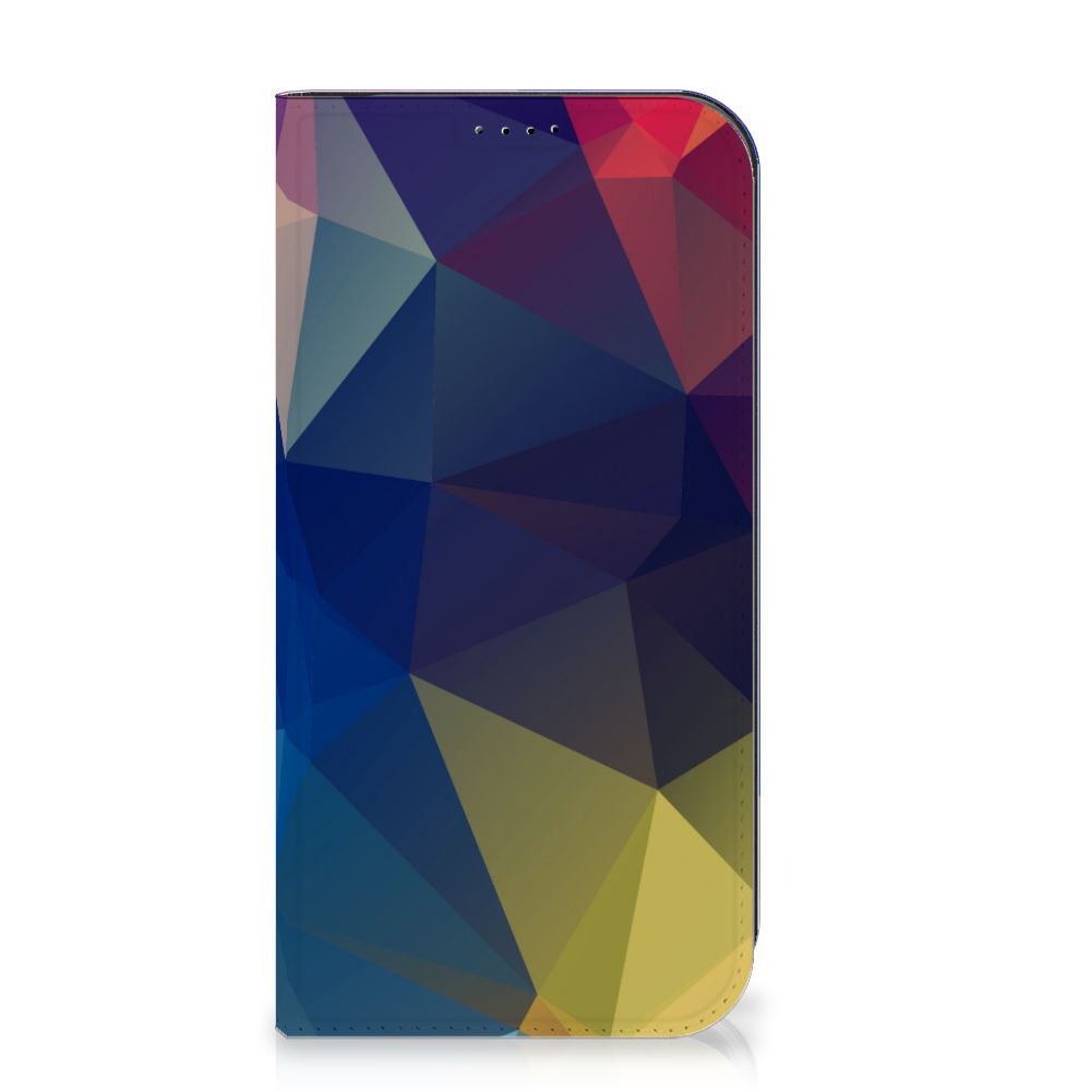 iPhone 15 Pro Max Stand Case Polygon Dark met abstract polygonen design en levendige kleuren.