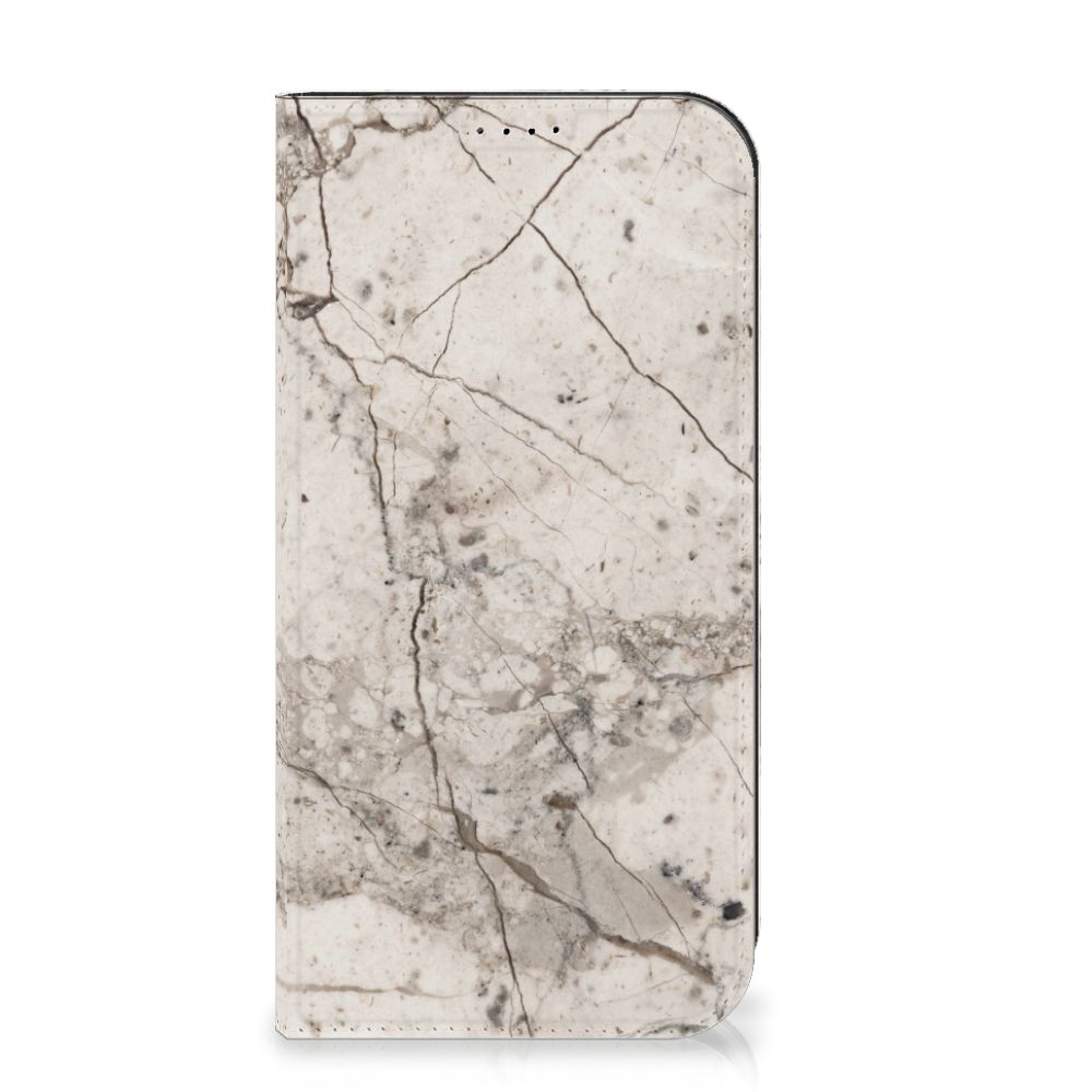 iPhone 15 Pro Max Standcase Marmer Beige met marmerpatroon en grijze adering, stijlvol en artistiek.