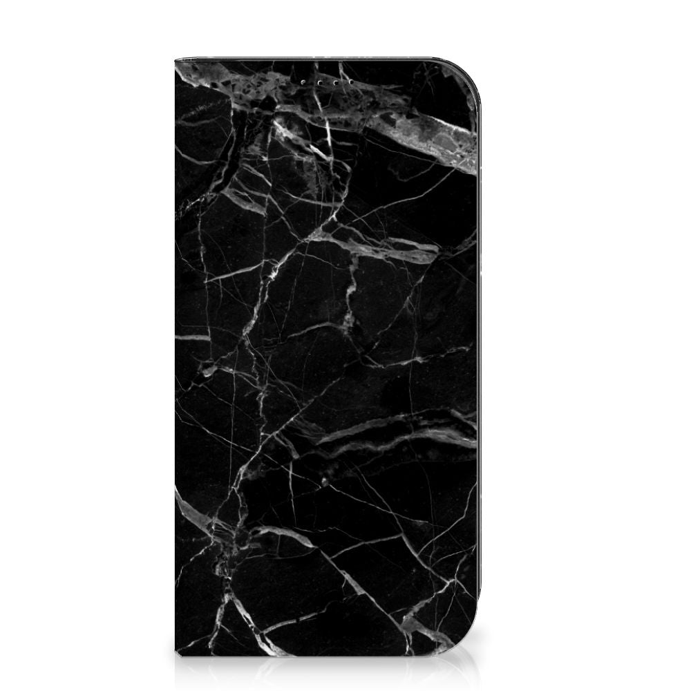 iPhone 15 Pro Max Standcase Marmer Zwart - Origineel Cadeau Vader met een elegant zwart marmerdesign.