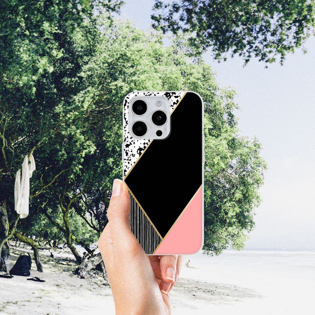 iPhone 15 Pro Max TPU Hoesje Zwart Roze Vormen met unieke vormen en figuren, perfect voor stijl en bescherming.