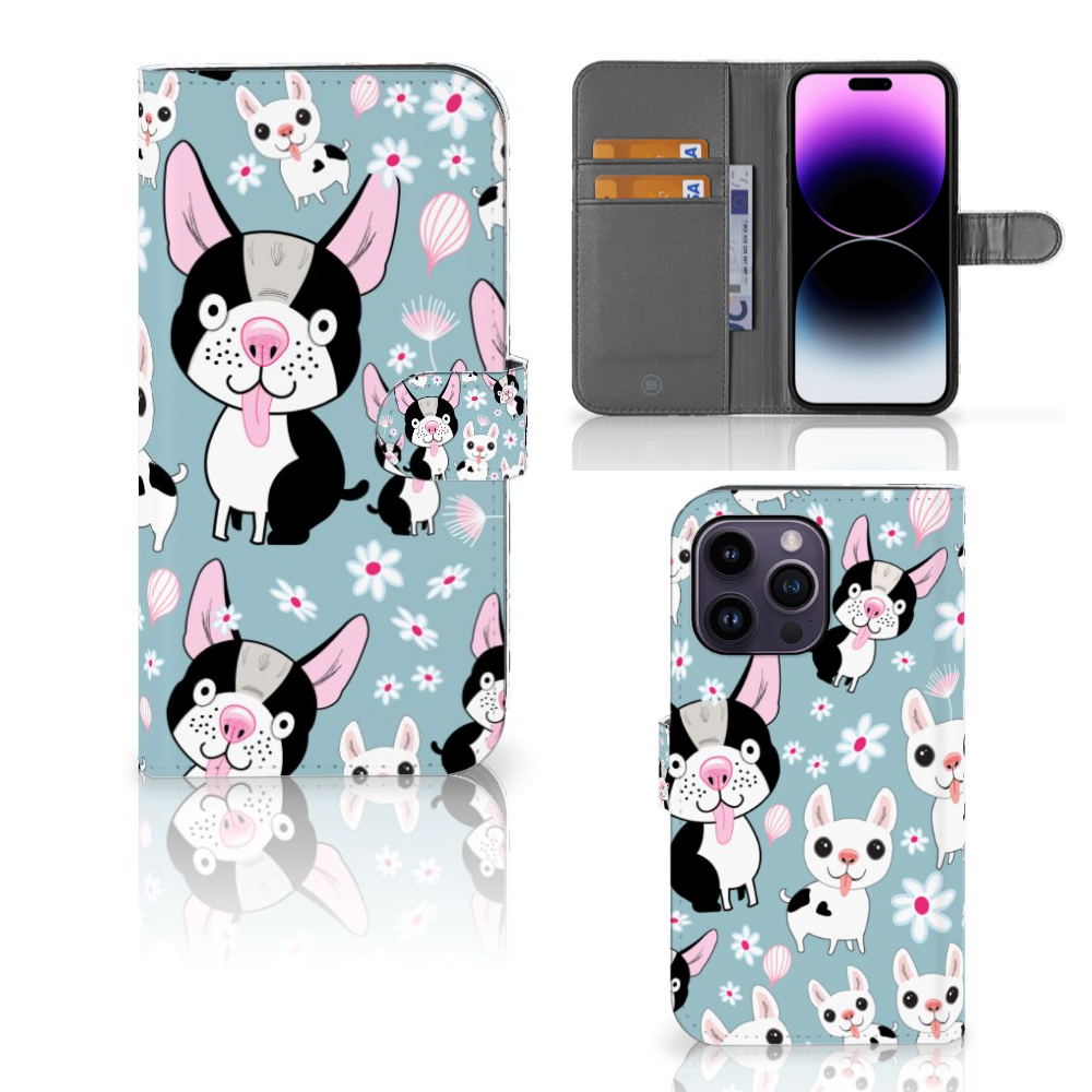 iPhone 15 Pro Max Telefoonhoesje met Pasjes Hondjes met schattige cartoon hondjes op een blauwe achtergrond.