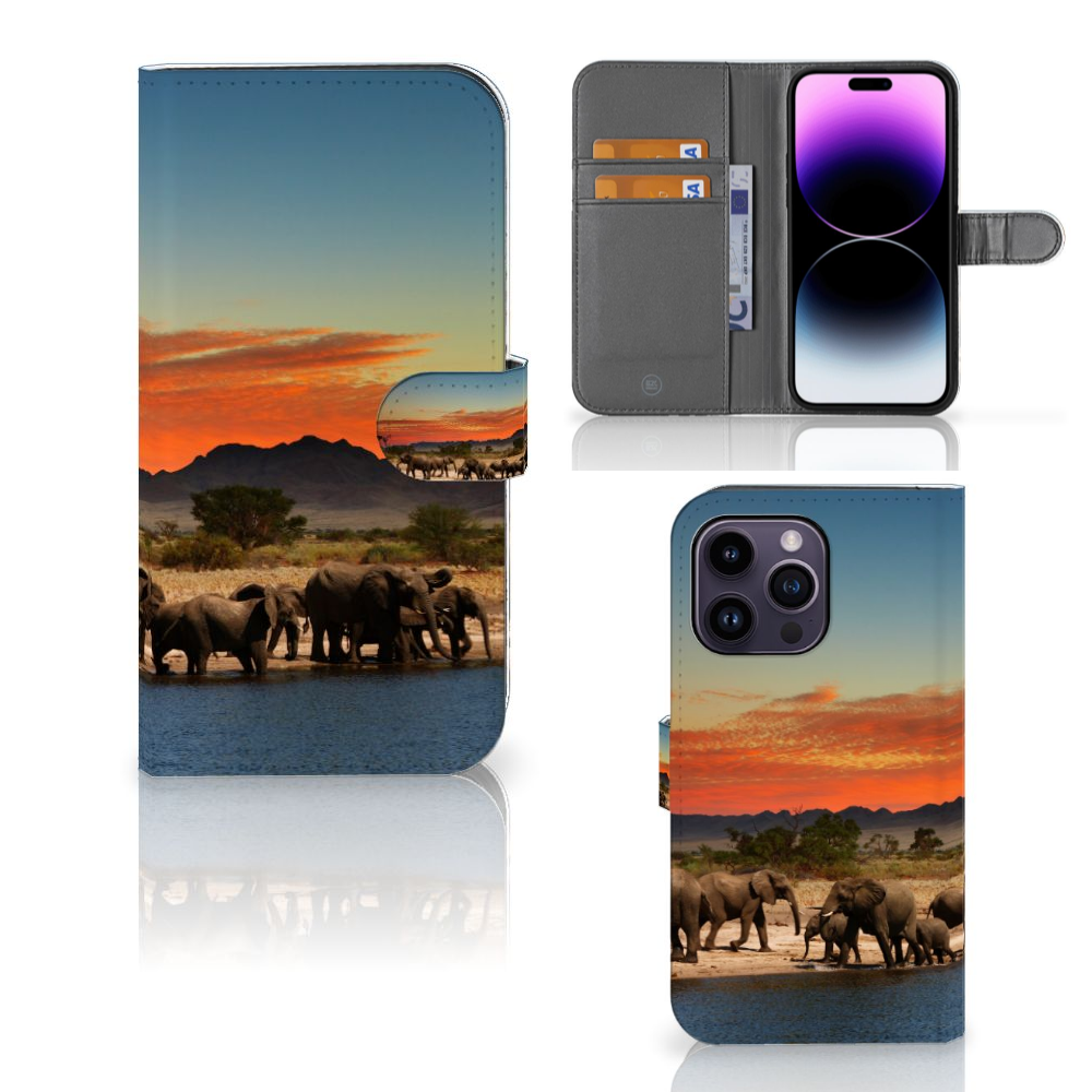 iPhone 15 Pro Max Telefoonhoesje met Pasjes Olifanten met olifanten bij water en een mooie rode lucht 🌅