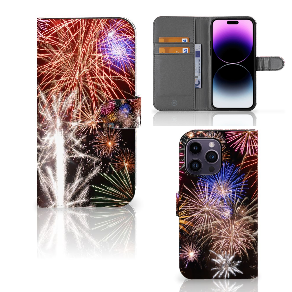 iPhone 15 Pro Max Wallet Case met Pasjes Vuurwerk met kleurige siervuurwerk op een zwarte achtergrond đ