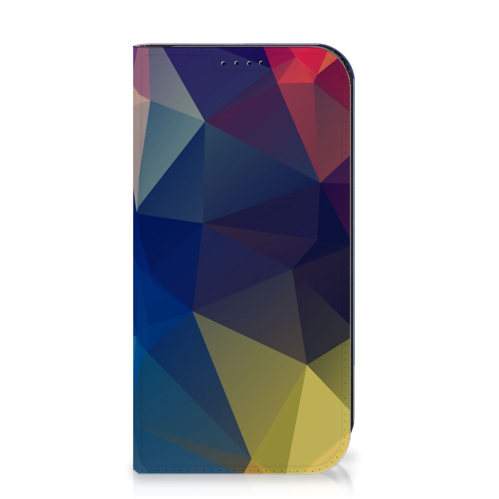 iPhone 15 Pro Stand Case Polygon Dark met abstract polygonen ontwerp, opvallende kleuren en modern design.